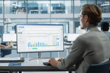 Business Mann schaut im Büro auf seinen Bildschirm. Dort sind Zahlen und Statistiken abgebildet